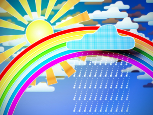 Rainbow, sun, rainy clouds on the sky. 3D weather concept